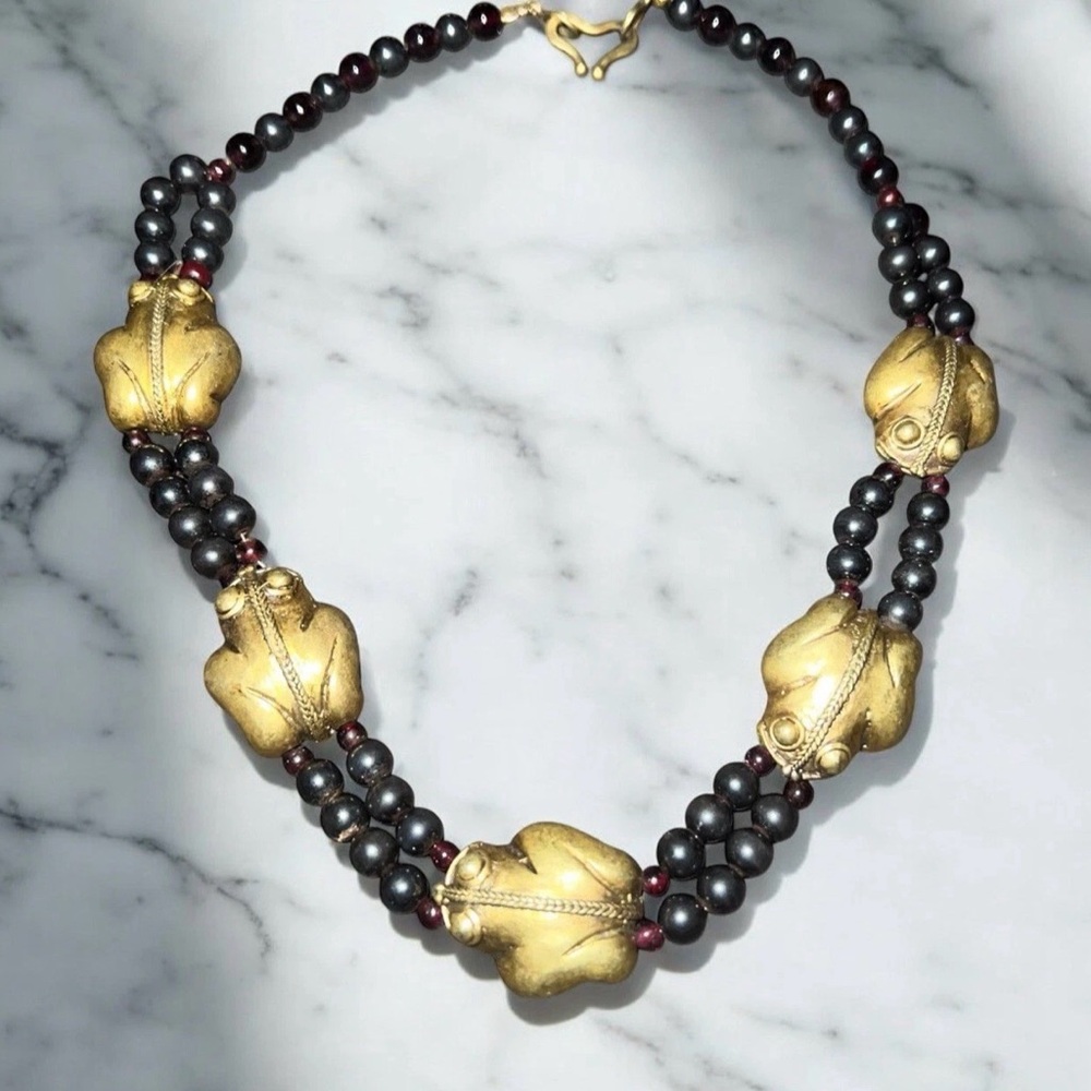 PreColombian Frog Gold Hematite Onyx Garnet Beaded Necklace